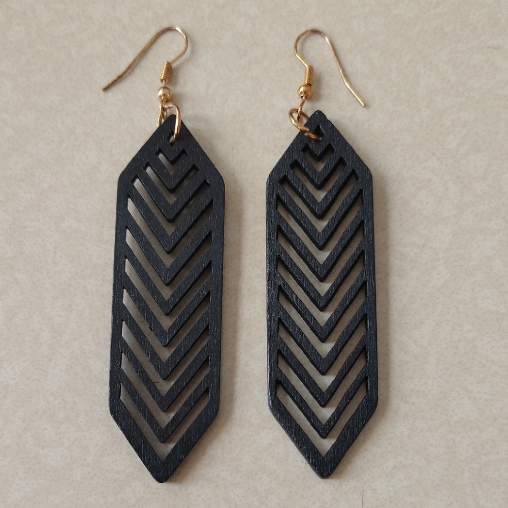 Boho Faux Wooden Black Chevron Earrings